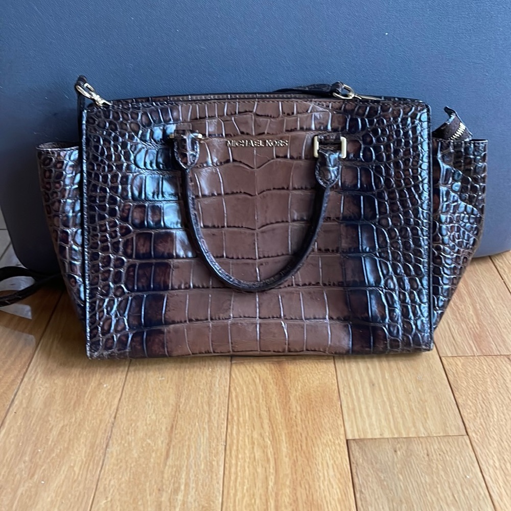MICHAEL KORS SELMA CROCODILE EMBOSSED LEATHER SATCHEL